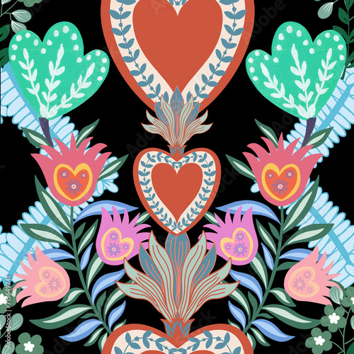 Valentine heart botanical seamless pattern inspired by traditional folk art embroidery designs textile or farbic print ornament. photo