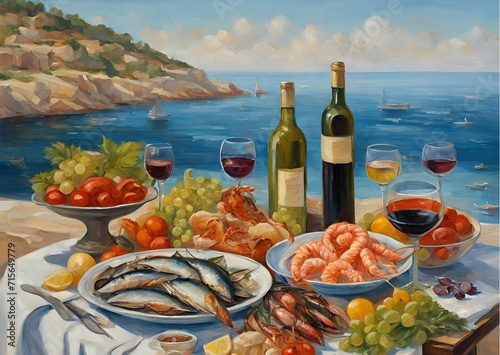 Seafood table on the terrace overlooking the Mediterranean Sea