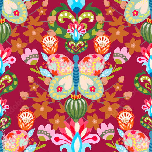 Valentine heart botanical seamless pattern inspired by traditional folk art embroidery designs textile or farbic print ornament. photo