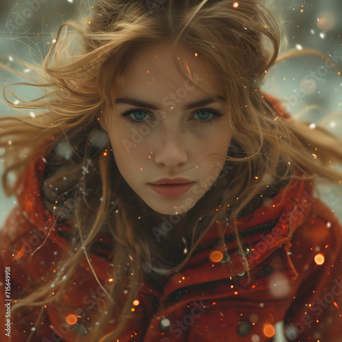 Woman in snow looks towards her camera, in the style of mixes realistic and fantastical elements, light gold and red, cute and dreamy, swirling vortexes, dark orange and turquoise