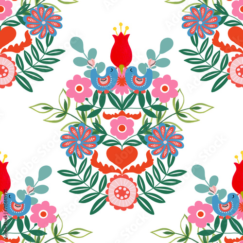 Valentine heart botanical seamless pattern inspired by traditional folk art embroidery designs textile or farbic print ornament.