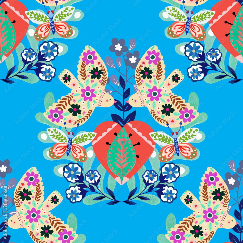 Fototapeta premium Valentine heart botanical seamless pattern inspired by traditional folk art embroidery designs textile or farbic print ornament.