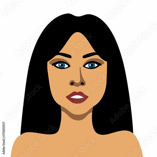Vector image of portrait of beautiful young woman with blue eyes and dark hair minimalistic illustration