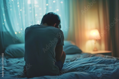Lonely Man Sitting Sadly On Bed, Struggling With Depression And Insomnia. Сoncept Mental Health Awareness, Depression And Insomnia, Loneliness And Isolation, Coping With Emotional Struggles