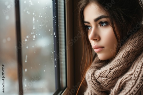 Seasonal Affective Disorder Weighs Heavily On Lonely Woman Peering Through Window. Сoncept Mental Health Awareness, Seasonal Affective Disorder, Loneliness, Emotional Well-Being, Winter Blues