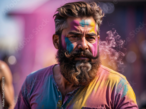 Beard man celebrating Holi festival