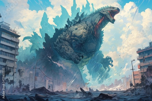 Giant Godzilla Causes Devastation As It Surfaces From The Ocean. Сoncept Disaster Movie, Monster Attack, Ocean Catastrophe, Giant Creature Emerges photo