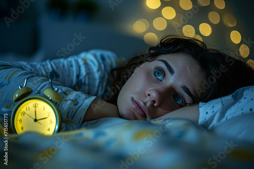 Person Struggling With Insomnia Lying In Bed, Anxiously Looking At Alarm Clock Standard. Сoncept Insomnia, Sleep Disorders, Anxiety, Alarm Clock, Sleep Deprivation photo