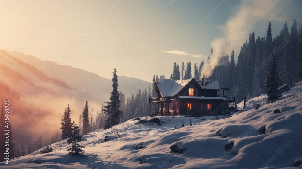 Cozy wooden house in the mountains in winter. Neural network AI generated art Cozy wooden house in the mountains in winter. Neural network AI generated art