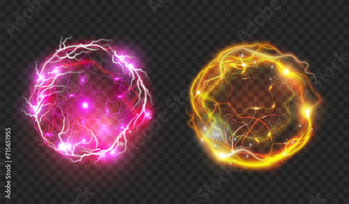 Plasma or electric sphere with thunderbolts and lightning. Vector isolated balls or circles with electricity discharge and power. Realistic magic element for game design, flash and glowing photo
