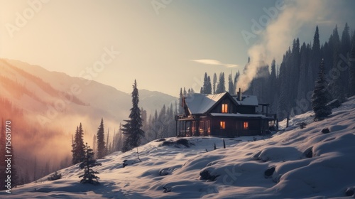 Cozy wooden house in the mountains in winter. Neural network AI generated art © mehaniq41