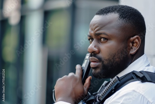 Smartly Dressed Security Guard Communicating Via Walkietalkie With A Focused Expression Standard. Сoncept Corporate Security, Professional Communication, Walkie Talkie Usage, Focused Expression photo