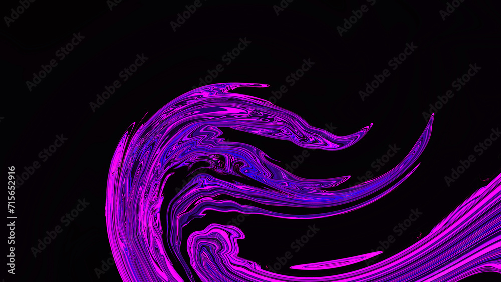 Fluid blur neon light purple pink wavy swirl line on black background. Abstract liquid backdrop. Glitch Art trippy flyer. Textured gradient. Violet color. Metaverse. Wave pattern. Poster. Banner. NFT
