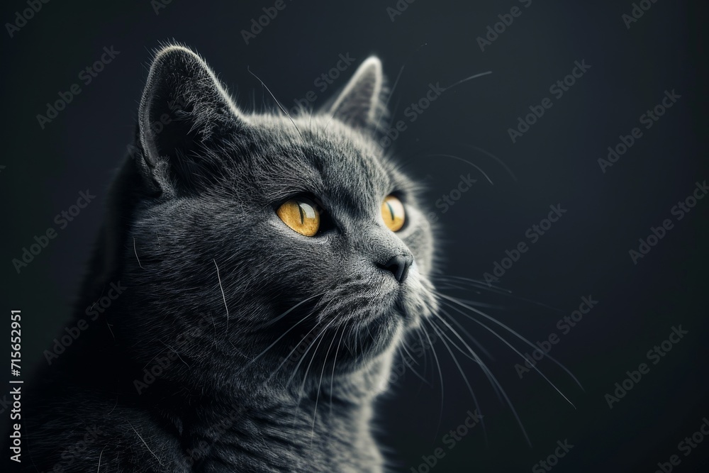 Elegant Grey Cat Showcasing Textured Fur Against A Dark Backdrop. Сoncept Elegant Cat Portraits, Textured Fur Photography, Dark Backdrop Photos, Grey Cat Photoshoot