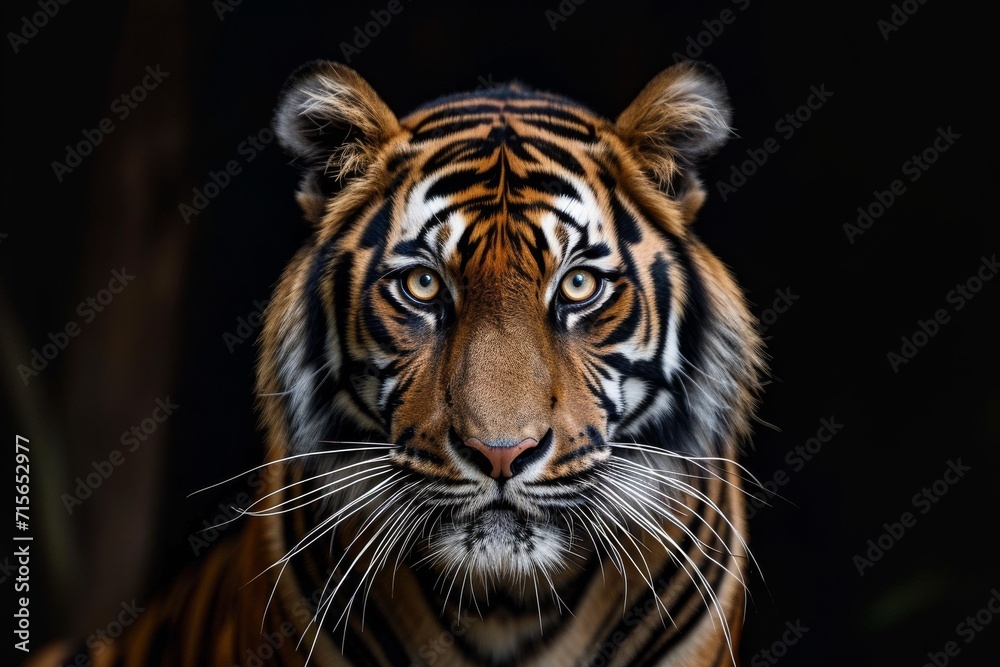 Sumatran Tiger Photographed In Closeup Against A Black Background, Showcasing Its Majestic Presence. Сoncept Wildlife Close-Up, Majestic Sumatran Tiger, Black Background, Capturing Presence