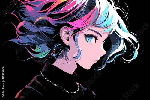 Elegant Manga-Inspired Vector Of A Gothic Anime Woman With Neon Hair.   oncept Vector Art  Manga-Inspired Design  Gothic Style  Anime Woman  Neon Hair