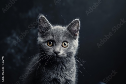 Stylish Grey Cat With Textured Fur Poses Against A Dark Background. Сoncept Feline Fashion, Textured Elegance, Moody Grey, Dark Glamour © Ян Заболотний