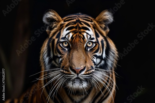 Sumatran Tiger Photographed In Closeup Against A Black Background  Showcasing Its Majestic Presence.   oncept Wildlife Close-Up  Majestic Sumatran Tiger  Black Background  Capturing Presence