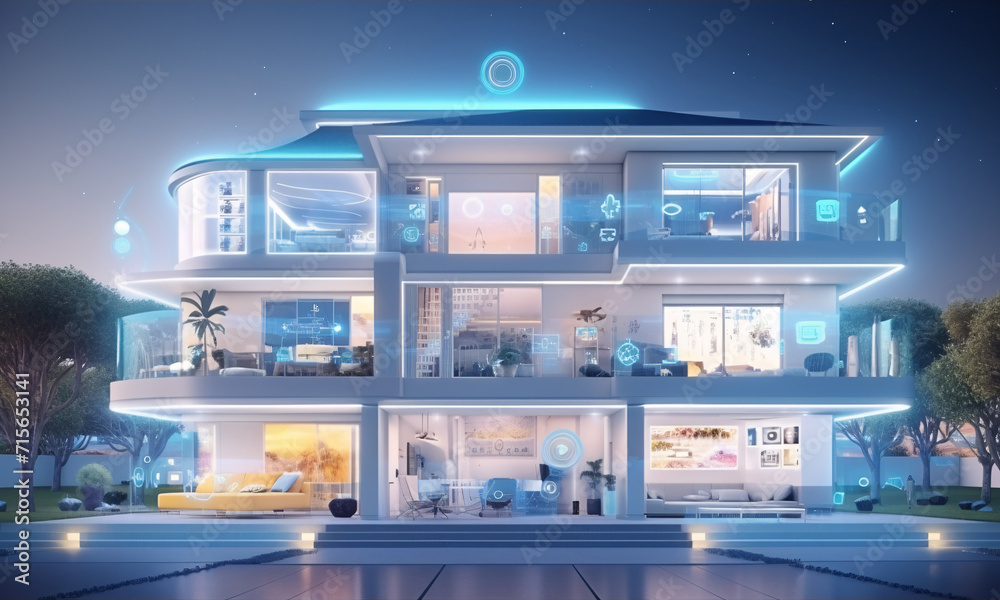 Internet of things concept with an image of a smart home with various connected devices and appliances. Internet of things concept with an image of a smart home with various connected devices and appliances.