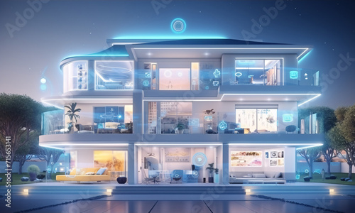 Internet of things concept with an image of a smart home with various connected devices and appliances. photo