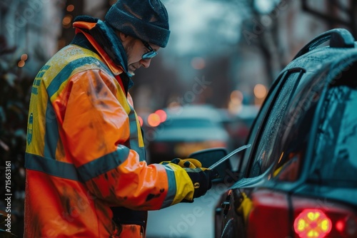 Uk Traffic Warden Issuing A Parking Ticket In A Closeup Shot. Сoncept Traffic Wardens On Duty, Parking Enforcement, Closeup Ticketing, Uk Parking Regulations photo