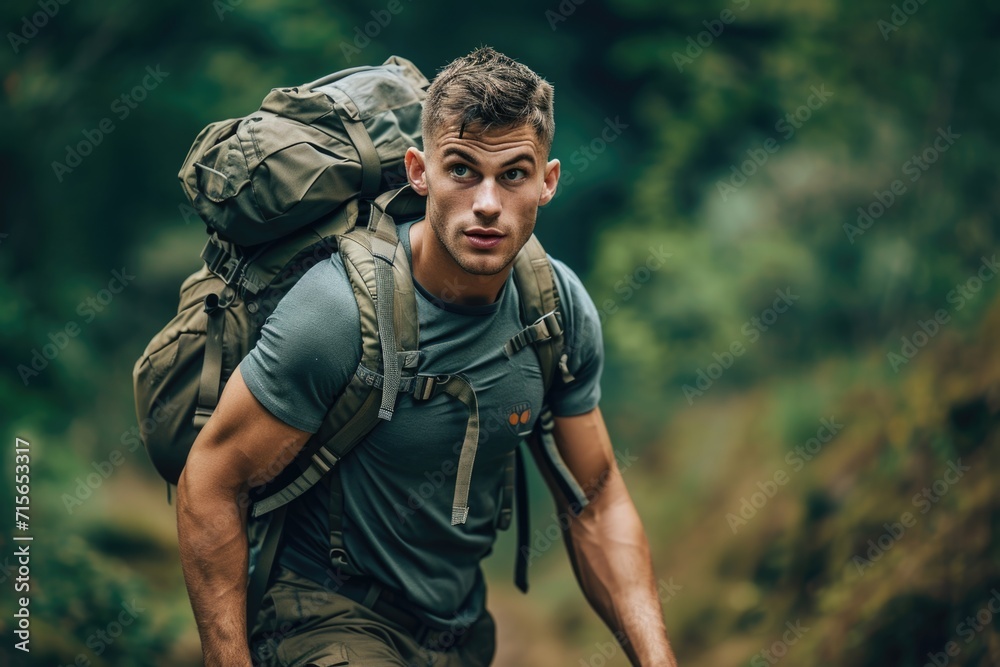 Adventurous Man Hiking in Lush Forest