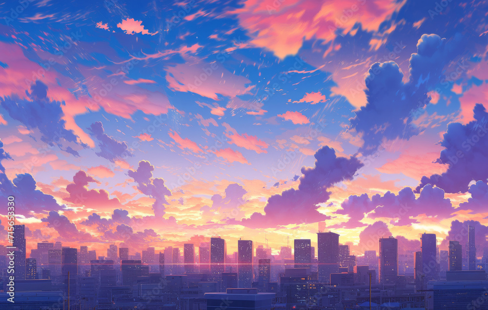 Vibrant Cityscape At Dawn Or Dusk With Dramatic Sky, Painted In Animestyle. Сoncept Anime-Inspired Cityscapes, Dawn Or Dusk Scenes, Dramatic Skies, Vibrant Colors