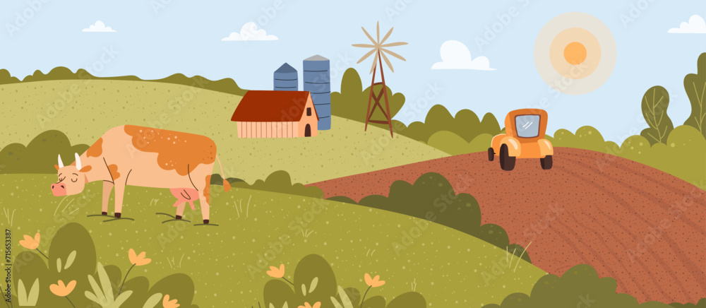 Rural landscape with hills, grass and cow. Modern agriculture vector illustration, ecologically clean area with blue sky and clouds. Village in summer, tractor on field background for eco products