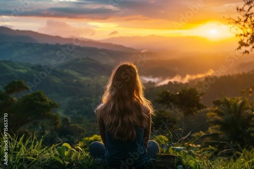 Embracing Tranquility: Woman's Journey To Inner Peace Amidst Sunrise's Natural Beauty. Сoncept Yoga In Nature, Morning Meditation, Mindful Reflection, Serene Sunrises, Finding Inner Harmony photo