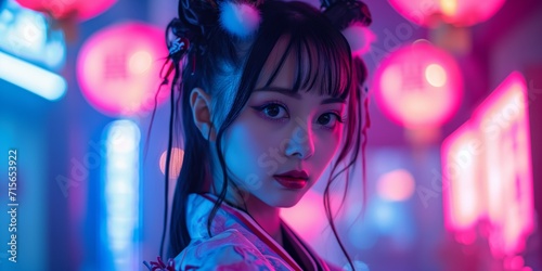 Young Girl Cosplay Anime Japanese Style In Neon Light. Сoncept Virtual Reality Gaming, Street Food Festival, Hiking And Nature Trails, Diy Home Decor, Fitness And Wellness Tips