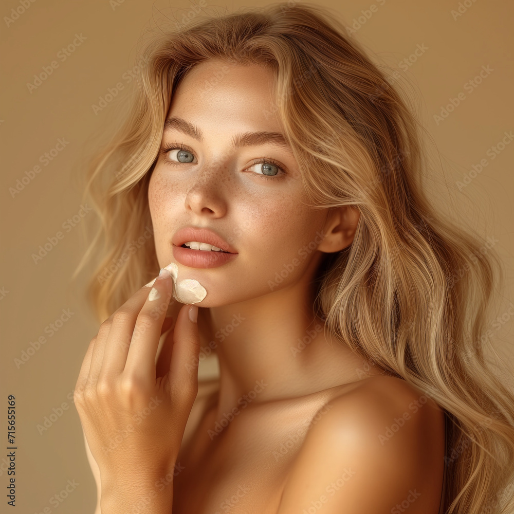 Beautiful young woman doing cream skin care for the face Beautiful young woman doing cream skin care for the face