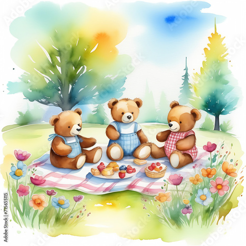 Toy bear family picnic on the flower lawn isolated. Watercolor weekend of mother and father bears with their cub. Lovely cartoon lunch painting. 