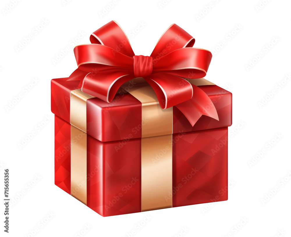 Red gift box with golden ribbon and bow isolated on transparent and white background Red gift box with golden ribbon and bow isolated on transparent and white background