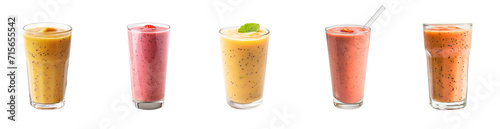 Assortment of colorful fruit smoothies in tall glasses isolated on transparent background, health and wellness concept