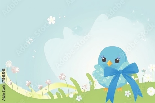 Blue bird with clover and ribbon message card. Generative AI
