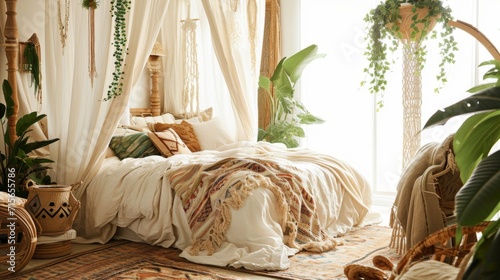 Interior Design Mockup: A bohemian chic bedroom featuring a canopied bed, layered rugs, an assortment of potted plants, and warm, earthy tones