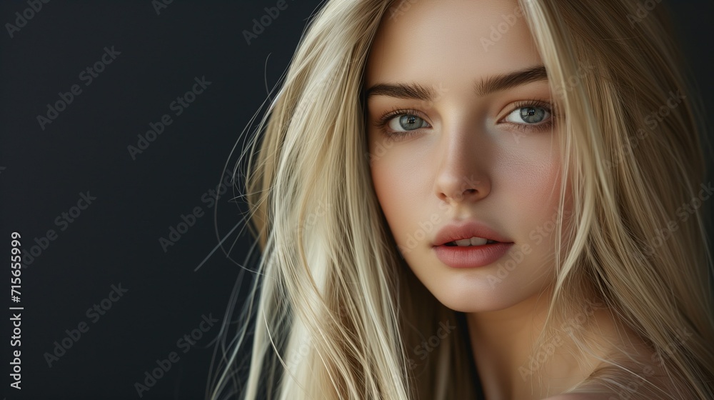 Fototapeta premium Beautiful young female model on a dark background with perfect skin, portrait of a blonde girl of model appearance with straight hair