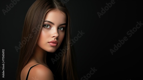 A beautiful young female model on a dark background with perfect skin, portrait of a girl of model appearance with straight hair
