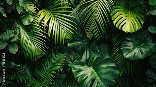 beautiful green jungle of lush palm leaves  palm trees in an exotic tropical forest  wild tropical plants nature concept for panorama wallpaper