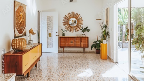 Interior Design Mockup: A mid-century modern entryway with a sunburst mirror, a vintage credenza, terrazzo flooring, and pops of mustard yellow