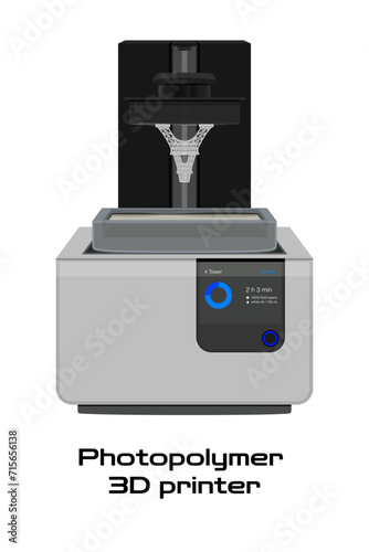 Photopolymer 3D printer vector SLA DLP LCD stereolithography printing creating polymer plastic model tower. Illustration icon isolated on white background