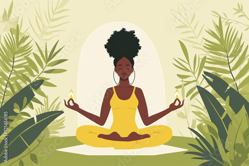 A portrait of an African American woman practicing yoga in a peaceful setting, african american people drawings, flat illustration