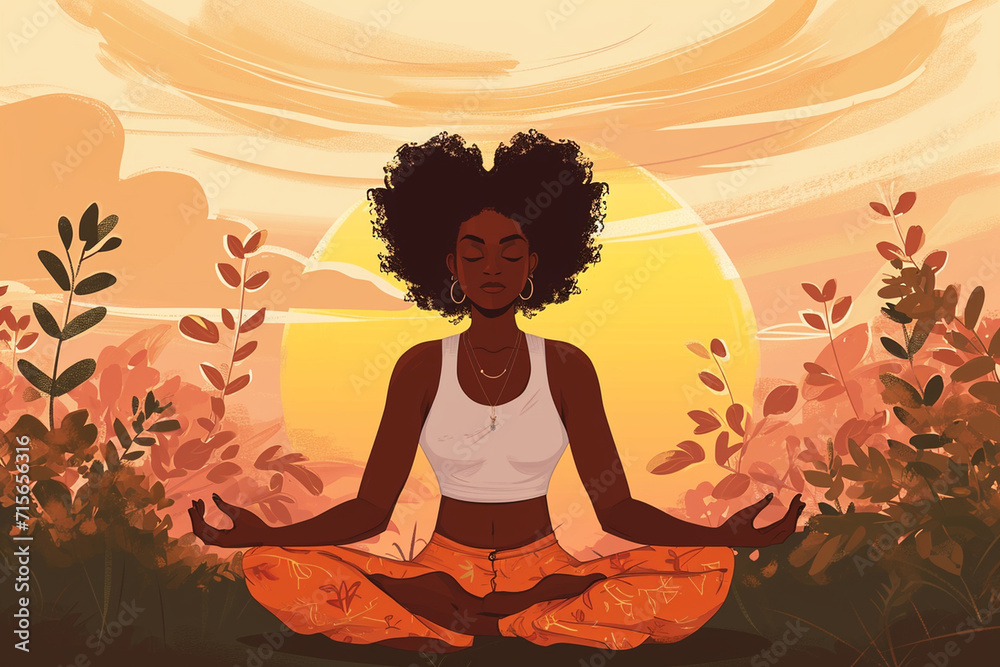 An illustration of an African American woman meditating at sunrise, african american people drawings, flat illustration An illustration of an African American woman meditating at sunrise, african american people drawings, flat illustration