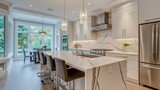 Interior Design Mockup: A modern kitchen with high-gloss white cabinets, a marble island, stainless steel appliances, and pendant lighting