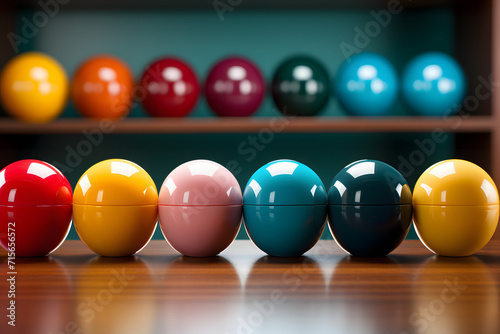 A group of colorful billiard balls on a green table top