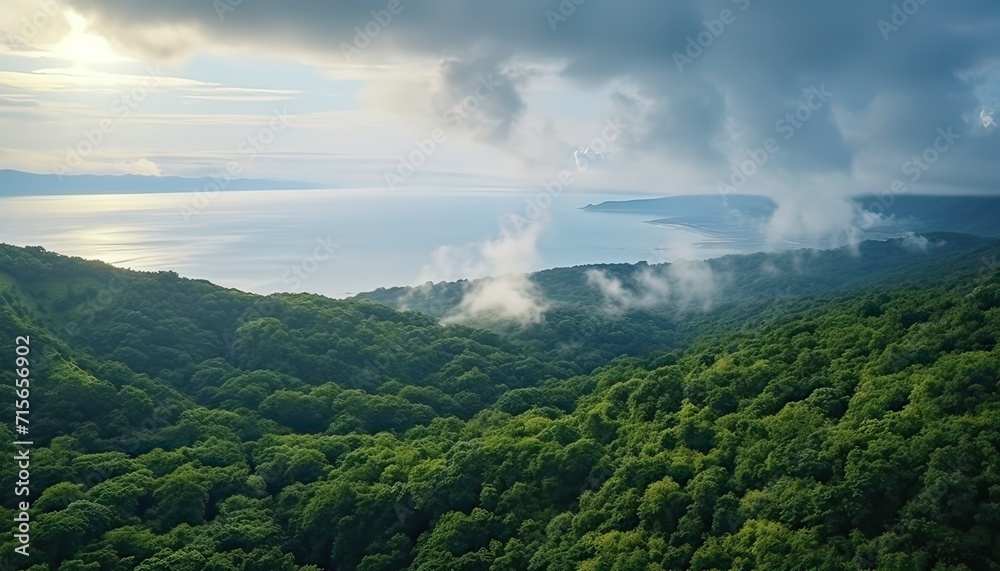 View of the sea of clouds from the top of the mountain peak before storm. Tropical rainforest.