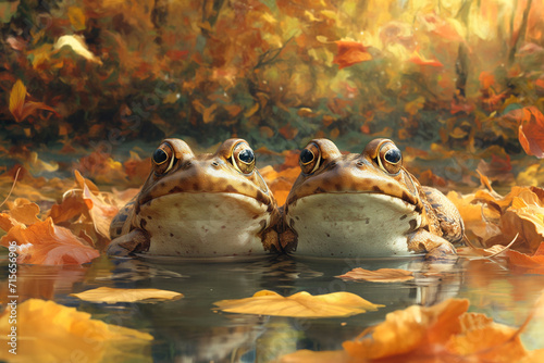 Sapos em uma lagoa com folhas de outono  photo