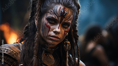 Young female barbarian warrior with dreadlocks, warpaint and bloodstained face wearing leather armor