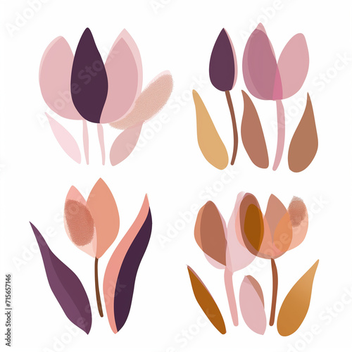Clipart de tulipas nas cores bege, roxo e rosa isolado no fundo branco © Vitor
