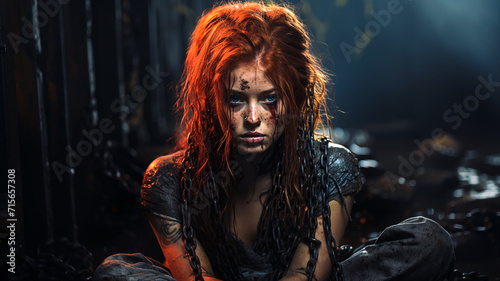 Sad and bloody red-haired girl sits cross-legged in chains on the dirty floor